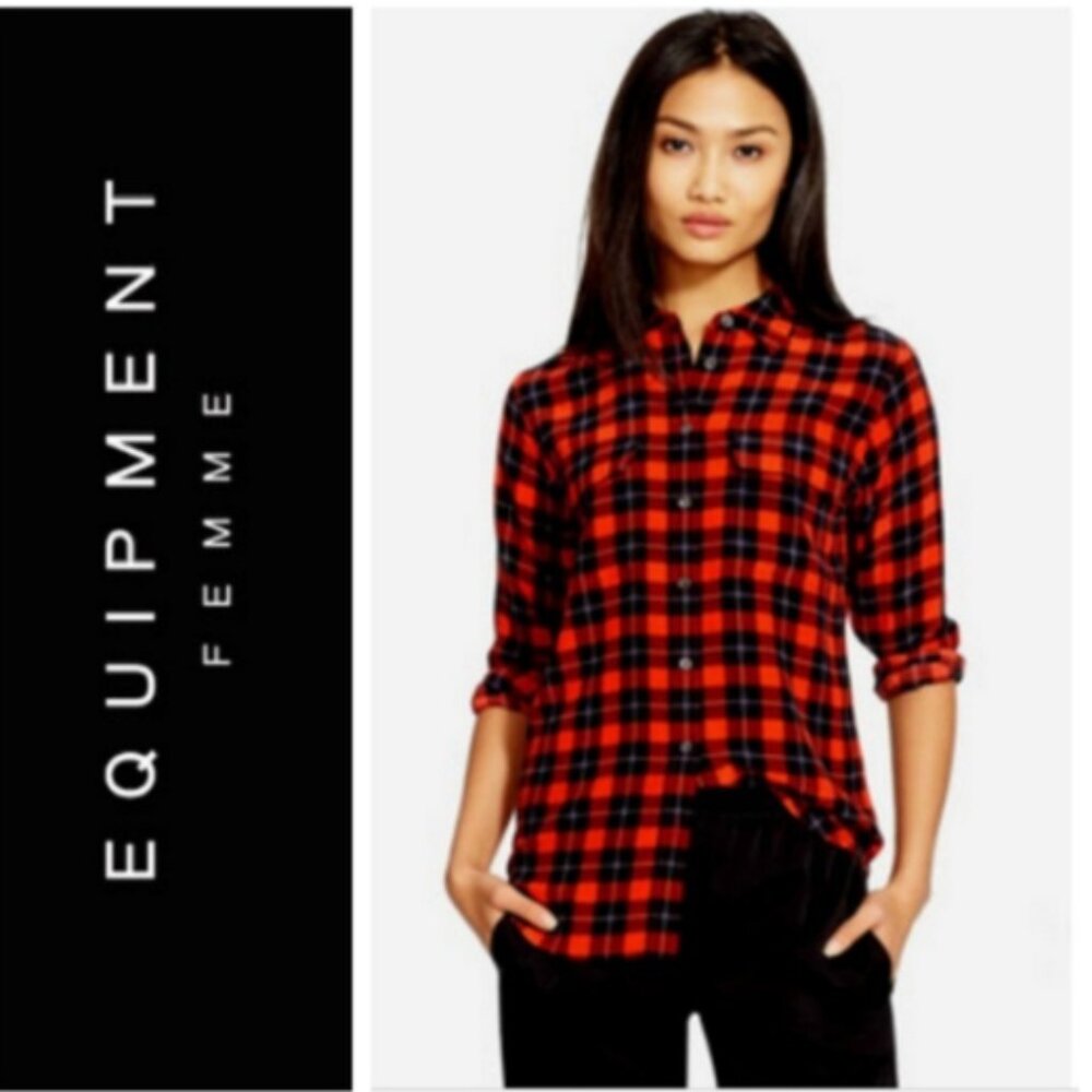 Equipment Femme Red Black Plaid 100% Silk Button-Down Blouse Top Shirt $268.00